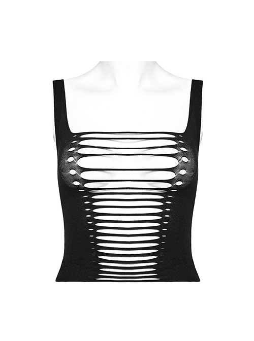 Black Super Elastic Tight Yarn With Holes In The Front And Hollows Punk Style Vest