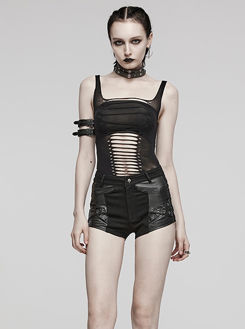 Black Super Elastic Tight Yarn With Holes In The Front And Hollows Punk Style Vest