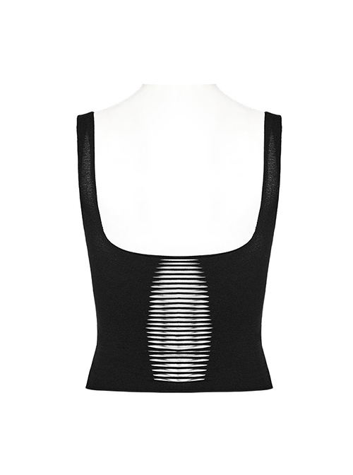 Black Super Elastic Tight Yarn With Holes In The Front And Hollows Punk Style Vest