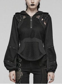 Simple Black Woven Patchwork Mesh Shoulder Cutout With Eyelet Webbing Decoration Punk Style Long Sleeved Hooded Sweatshirt