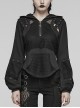 Simple Black Woven Patchwork Mesh Shoulder Cutout With Eyelet Webbing Decoration Punk Style Long Sleeved Hooded Sweatshirt