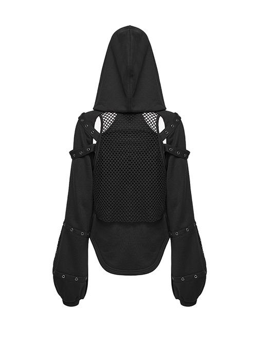 Simple Black Woven Patchwork Mesh Shoulder Cutout With Eyelet Webbing Decoration Punk Style Long Sleeved Hooded Sweatshirt