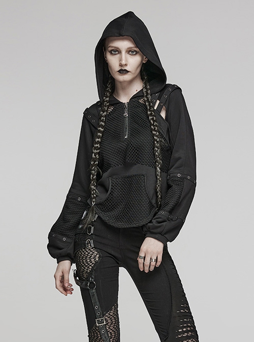 Simple Black Woven Patchwork Mesh Shoulder Cutout With Eyelet Webbing Decoration Punk Style Long Sleeved Hooded Sweatshirt