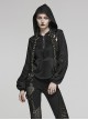 Simple Black Woven Patchwork Mesh Shoulder Cutout With Eyelet Webbing Decoration Punk Style Long Sleeved Hooded Sweatshirt