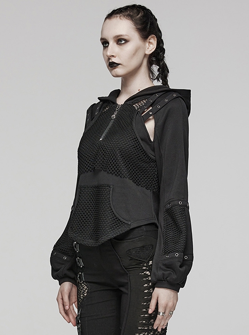 Simple Black Woven Patchwork Mesh Shoulder Cutout With Eyelet Webbing Decoration Punk Style Long Sleeved Hooded Sweatshirt