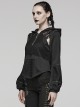 Simple Black Woven Patchwork Mesh Shoulder Cutout With Eyelet Webbing Decoration Punk Style Long Sleeved Hooded Sweatshirt