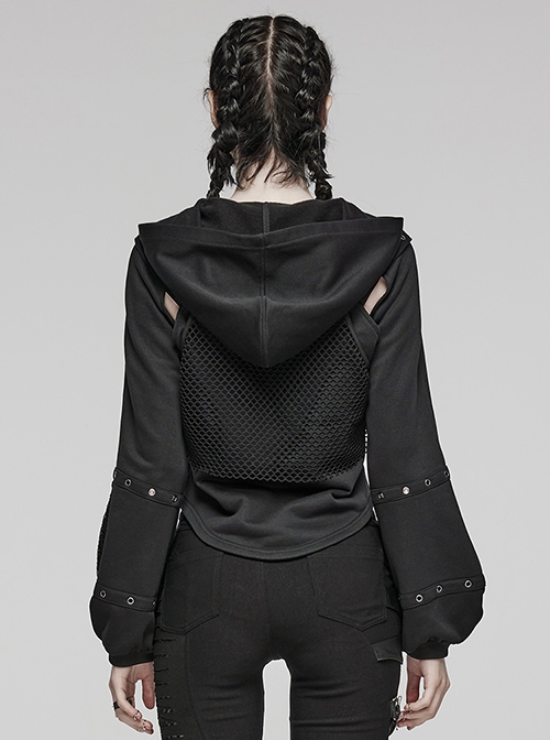 Simple Black Woven Patchwork Mesh Shoulder Cutout With Eyelet Webbing Decoration Punk Style Long Sleeved Hooded Sweatshirt
