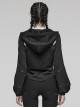 Simple Black Woven Patchwork Mesh Shoulder Cutout With Eyelet Webbing Decoration Punk Style Long Sleeved Hooded Sweatshirt