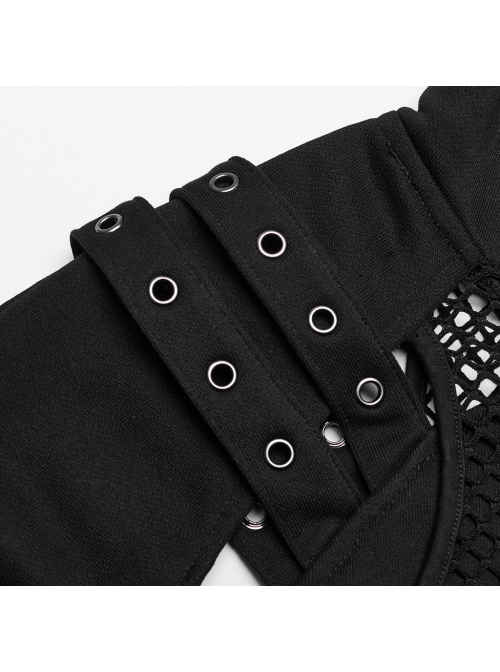 Simple Black Woven Patchwork Mesh Shoulder Cutout With Eyelet Webbing Decoration Punk Style Long Sleeved Hooded Sweatshirt