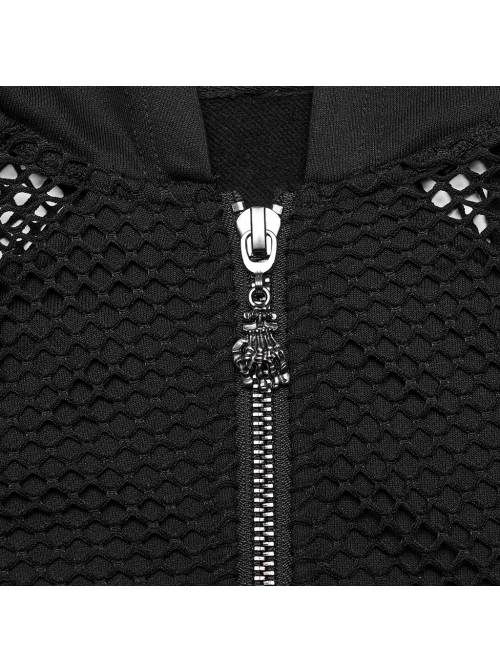 Simple Black Woven Patchwork Mesh Shoulder Cutout With Eyelet Webbing Decoration Punk Style Long Sleeved Hooded Sweatshirt