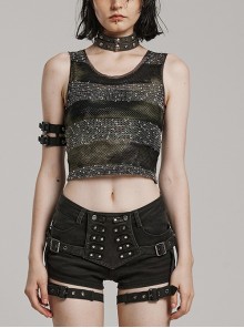 Black And Green Striped See Through Double Layer Mesh Punk Style Slim Fitting Daily Vest