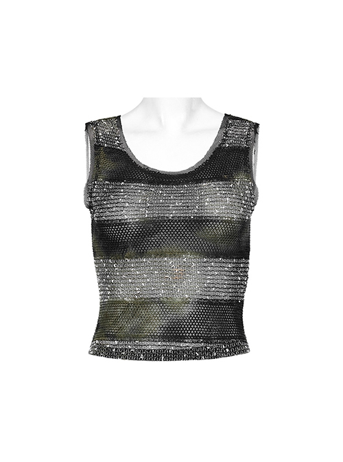 Black And Green Striped See Through Double Layer Mesh Punk Style Slim Fitting Daily Vest