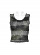 Black And Green Striped See Through Double Layer Mesh Punk Style Slim Fitting Daily Vest