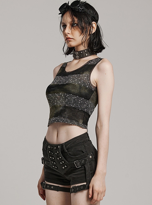 Black And Green Striped See Through Double Layer Mesh Punk Style Slim Fitting Daily Vest