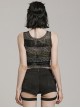 Black And Green Striped See Through Double Layer Mesh Punk Style Slim Fitting Daily Vest