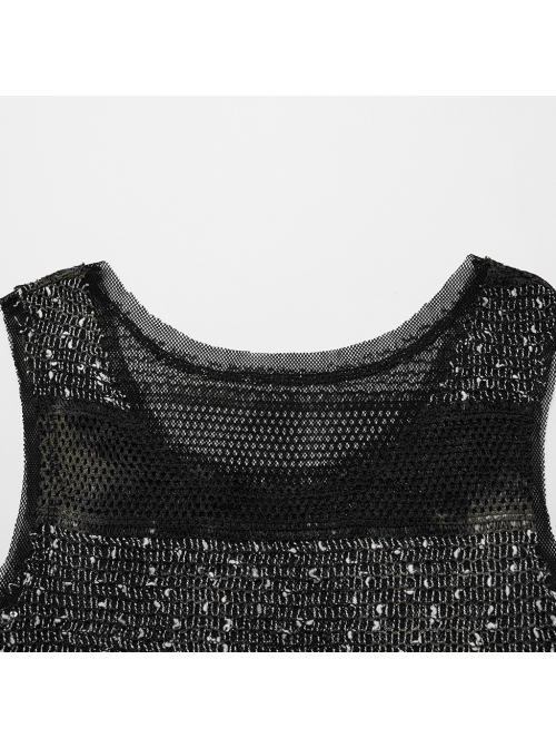 Black And Green Striped See Through Double Layer Mesh Punk Style Slim Fitting Daily Vest
