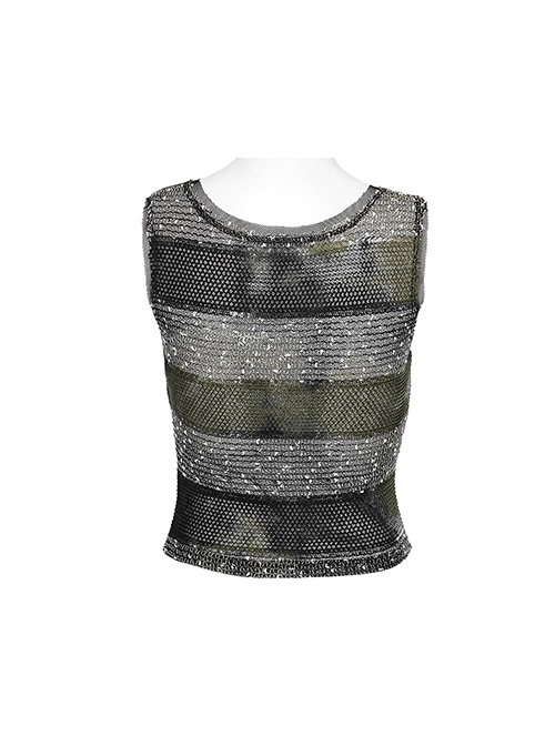 Black And Green Striped See Through Double Layer Mesh Punk Style Slim Fitting Daily Vest