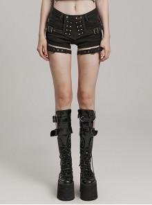 Sexy Low Waist Stretch Denim With Symmetrical Front Button Tabs Punk Style Tight Shorts