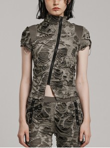 Black Brown Ripped Muscular Knitted Stand Collar With Cross Cut Zipper On The Chest Punk Style Short Sleeved T-Shirt