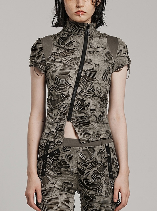 Black Brown Ripped Muscular Knitted Stand Collar With Cross Cut Zipper On The Chest Punk Style Short Sleeved T-Shirt
