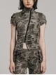 Black Brown Ripped Muscular Knitted Stand Collar With Cross Cut Zipper On The Chest Punk Style Short Sleeved T-Shirt