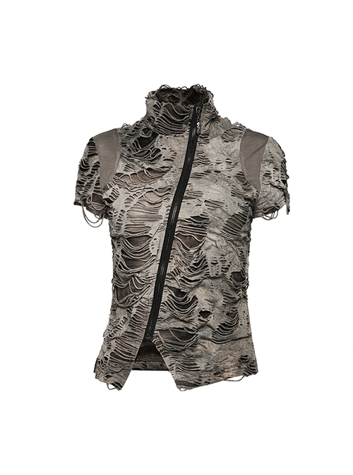 Black Brown Ripped Muscular Knitted Stand Collar With Cross Cut Zipper On The Chest Punk Style Short Sleeved T-Shirt