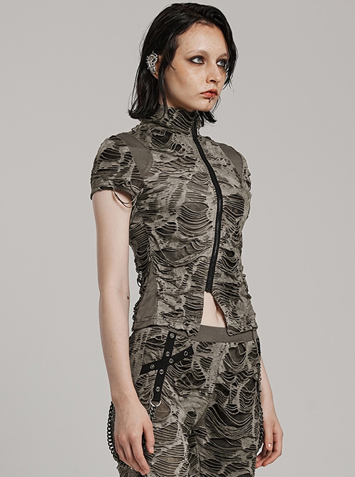 Black Brown Ripped Muscular Knitted Stand Collar With Cross Cut Zipper On The Chest Punk Style Short Sleeved T-Shirt