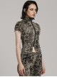 Black Brown Ripped Muscular Knitted Stand Collar With Cross Cut Zipper On The Chest Punk Style Short Sleeved T-Shirt