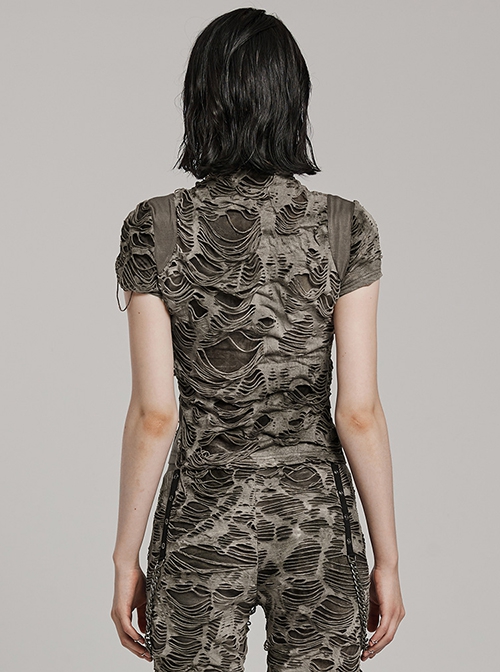 Black Brown Ripped Muscular Knitted Stand Collar With Cross Cut Zipper On The Chest Punk Style Short Sleeved T-Shirt