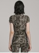 Black Brown Ripped Muscular Knitted Stand Collar With Cross Cut Zipper On The Chest Punk Style Short Sleeved T-Shirt