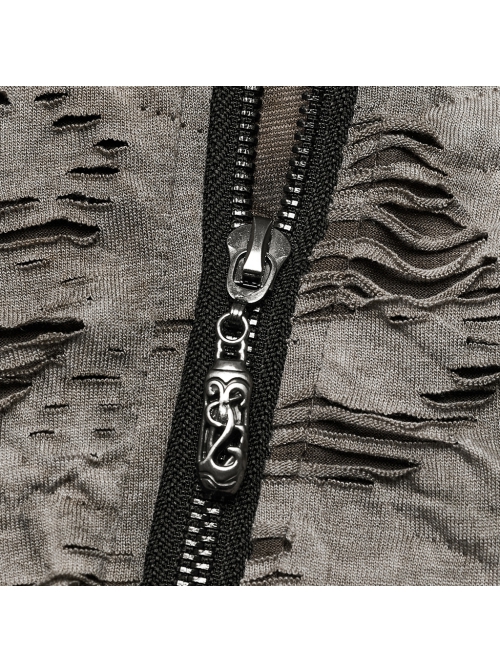 Black Brown Ripped Muscular Knitted Stand Collar With Cross Cut Zipper On The Chest Punk Style Short Sleeved T-Shirt
