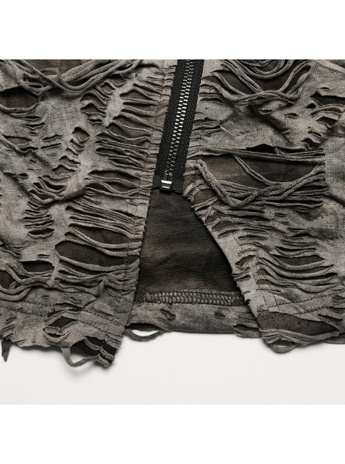 Black Brown Ripped Muscular Knitted Stand Collar With Cross Cut Zipper On The Chest Punk Style Short Sleeved T-Shirt