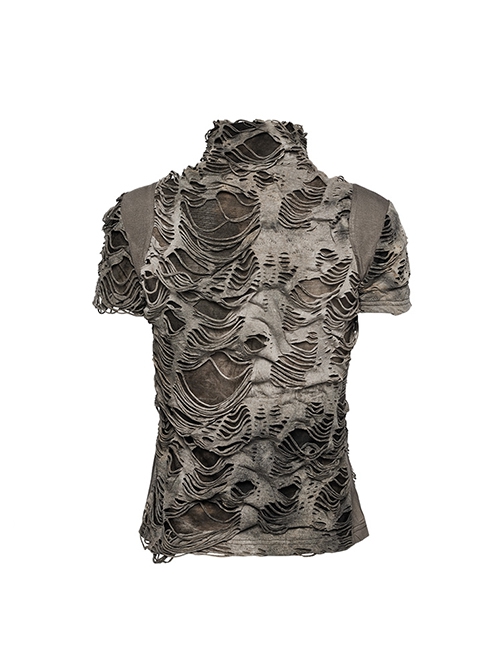 Black Brown Ripped Muscular Knitted Stand Collar With Cross Cut Zipper On The Chest Punk Style Short Sleeved T-Shirt
