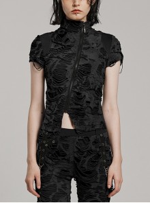 Black Ripped Muscular Knitted Stand Collar With Cross Cut Zipper On The Chest With Cross Cut Zipper On The Chest Punk Style Short Sleeved T-Shirt
