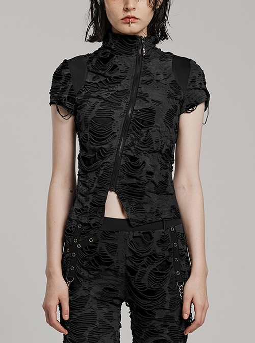 Black Ripped Muscular Knitted Stand Collar With Cross Cut Zipper On The Chest With Cross Cut Zipper On The Chest Punk Style Short Sleeved T-Shirt