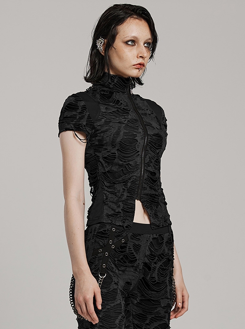 Black Ripped Muscular Knitted Stand Collar With Cross Cut Zipper On The Chest With Cross Cut Zipper On The Chest Punk Style Short Sleeved T-Shirt