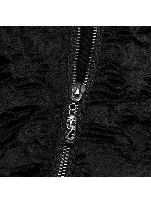 Black Ripped Muscular Knitted Stand Collar With Cross Cut Zipper On The Chest With Cross Cut Zipper On The Chest Punk Style Short Sleeved T-Shirt