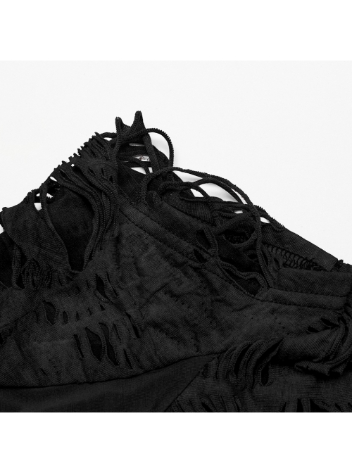Black Ripped Muscular Knitted Stand Collar With Cross Cut Zipper On The Chest With Cross Cut Zipper On The Chest Punk Style Short Sleeved T-Shirt