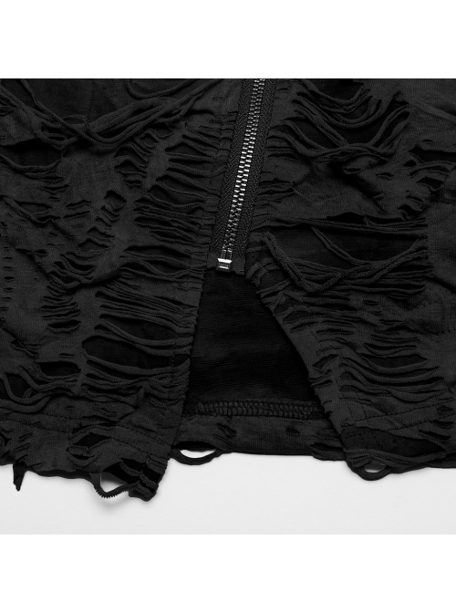 Black Ripped Muscular Knitted Stand Collar With Cross Cut Zipper On The Chest With Cross Cut Zipper On The Chest Punk Style Short Sleeved T-Shirt