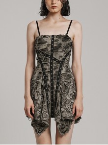 Black Coffee Stretch Knit Tattered Front Criss Cross Eyelet Webbing Embellished Punk Style Suspender Dress
