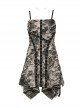 Black Coffee Stretch Knit Tattered Front Criss Cross Eyelet Webbing Embellished Punk Style Suspender Dress