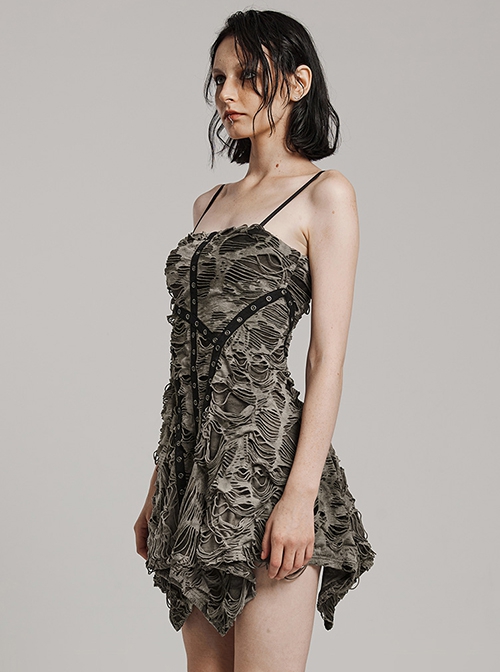 Black Coffee Stretch Knit Tattered Front Criss Cross Eyelet Webbing Embellished Punk Style Suspender Dress
