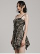 Black Coffee Stretch Knit Tattered Front Criss Cross Eyelet Webbing Embellished Punk Style Suspender Dress