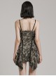 Black Coffee Stretch Knit Tattered Front Criss Cross Eyelet Webbing Embellished Punk Style Suspender Dress