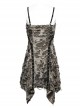 Black Coffee Stretch Knit Tattered Front Criss Cross Eyelet Webbing Embellished Punk Style Suspender Dress