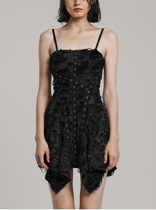Black Stretch Knit Tattered Front Criss Cross Eyelet Webbing Embellished Punk Style Suspender Dress