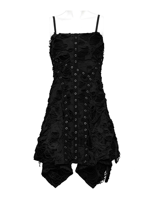 Black Stretch Knit Tattered Front Criss Cross Eyelet Webbing Embellished Punk Style Suspender Dress