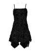Black Stretch Knit Tattered Front Criss Cross Eyelet Webbing Embellished Punk Style Suspender Dress