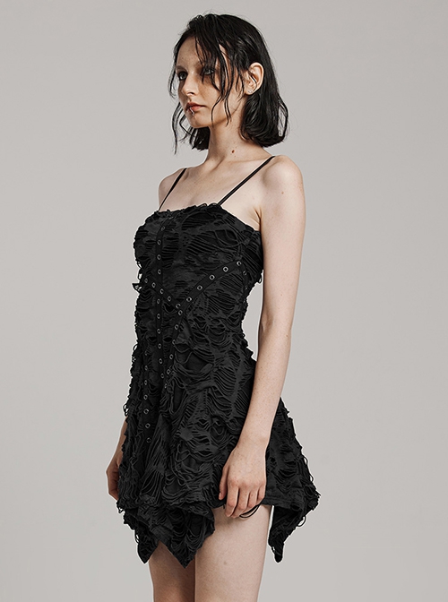 Black Stretch Knit Tattered Front Criss Cross Eyelet Webbing Embellished Punk Style Suspender Dress
