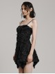 Black Stretch Knit Tattered Front Criss Cross Eyelet Webbing Embellished Punk Style Suspender Dress